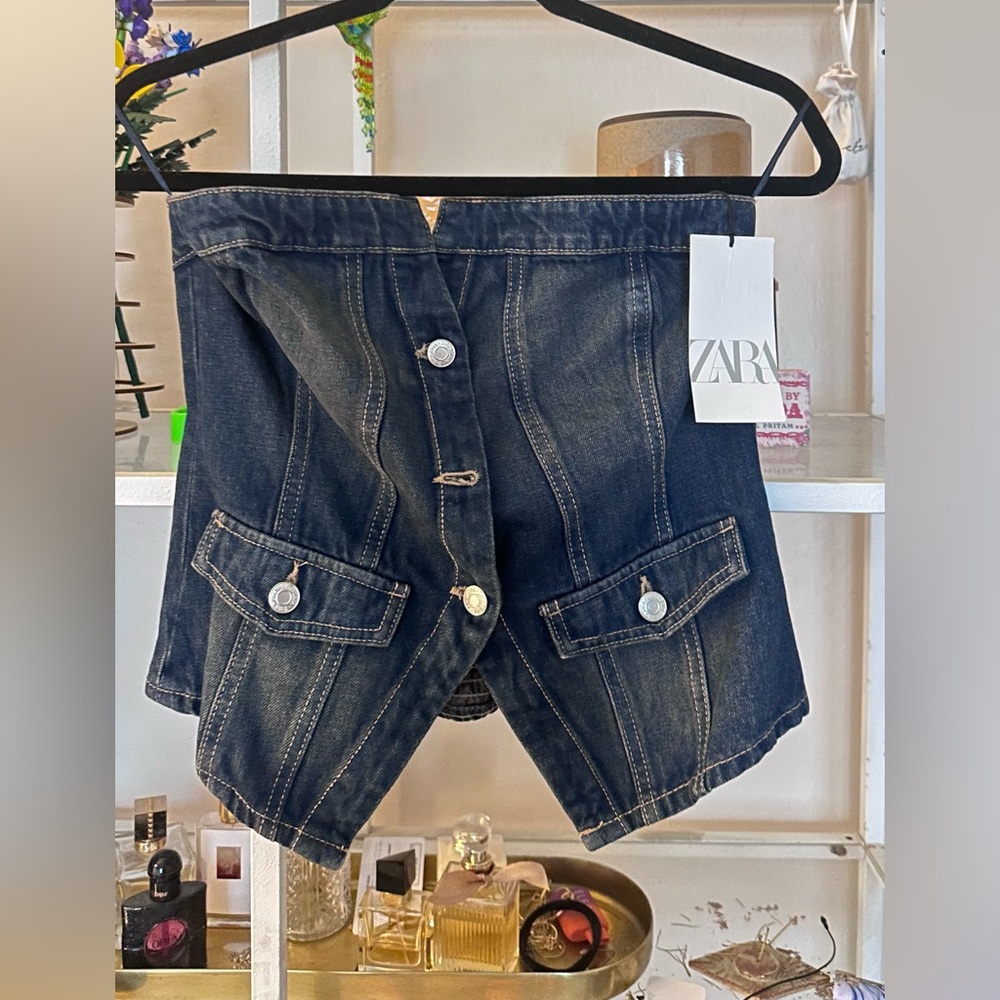 Zara Dark Blue Strapless Denim Top